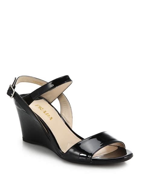 prada black patent leather strappy slingback wedge sandals|Prada Patent Leather Platform Sandals .